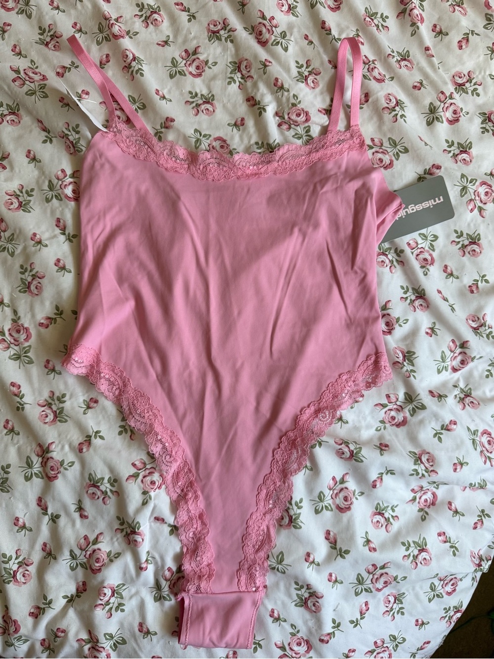 Missguided Pink Lace-Trim Stretch Bodysuit